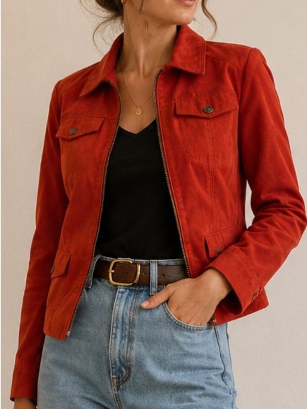 Studio Works Coral Red Faux Suede Zip Front Utility Jacket Petite 4P